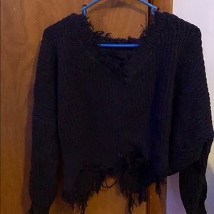 black distressed rib knit sweater